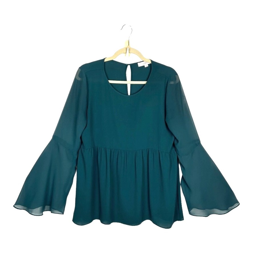 LOFT Baby Doll Blouse Top S Green Bell Sleeve Peplum Boho Peasant Career